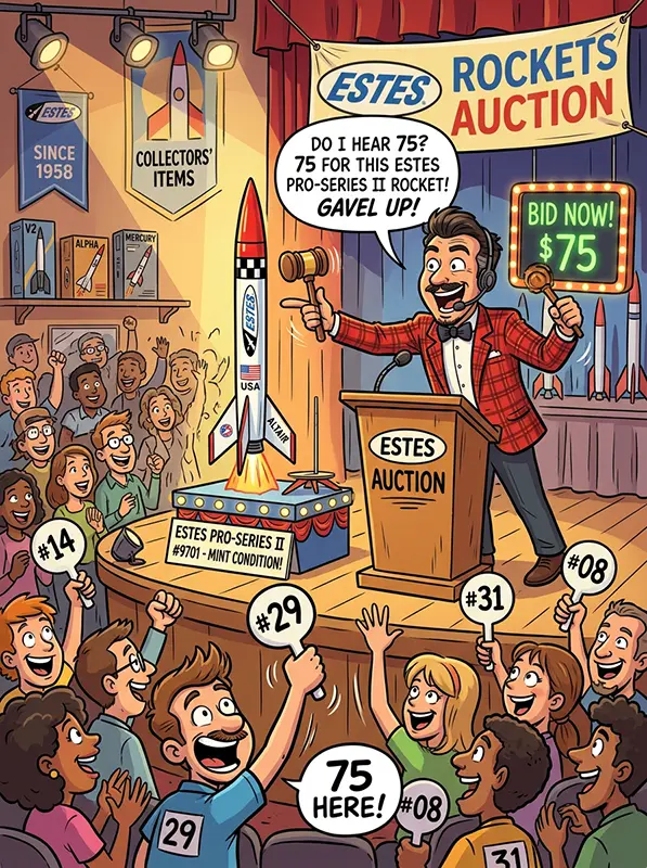 A cartoon of a rocket auction.