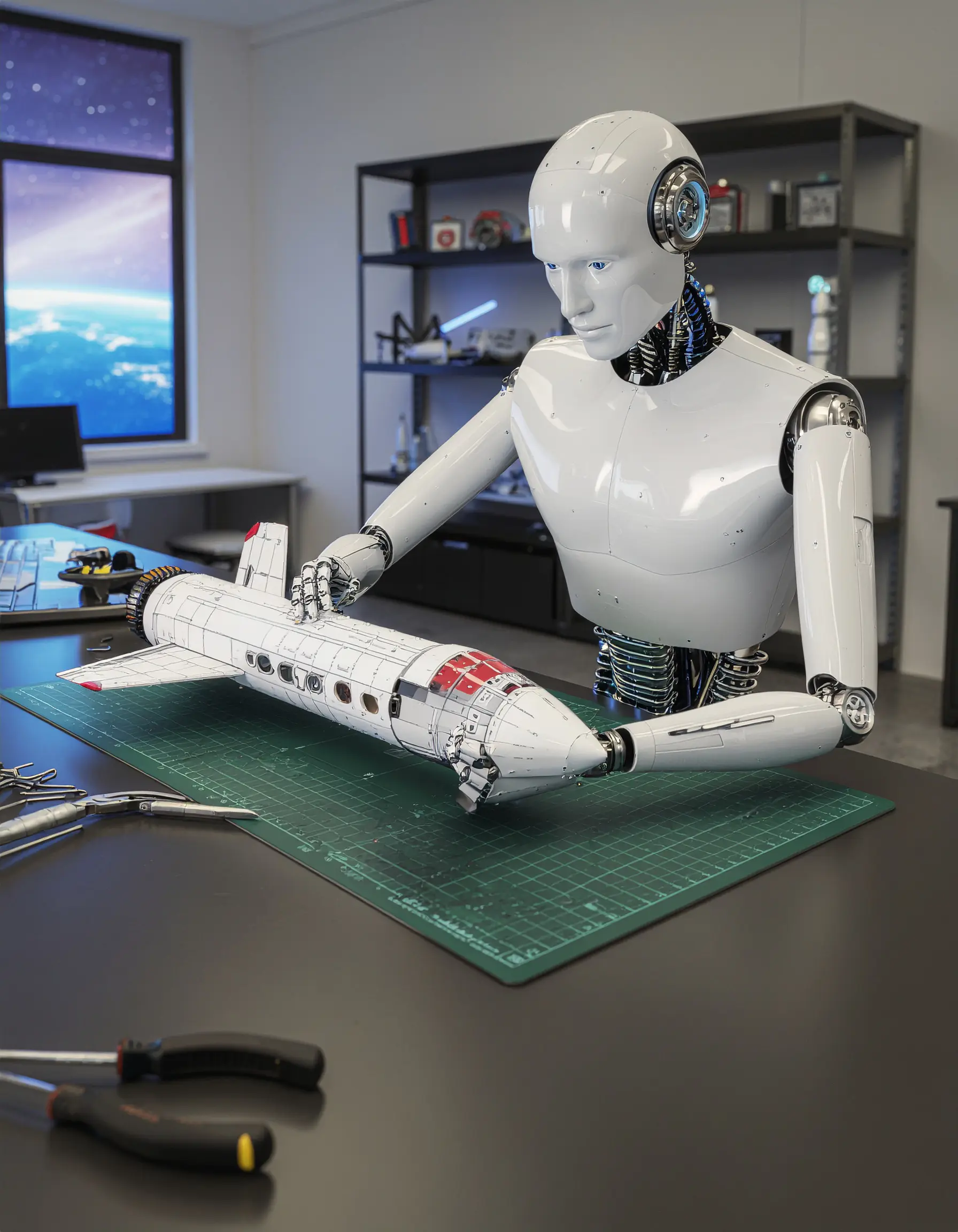 A cartoon of a rocket being built by a robot