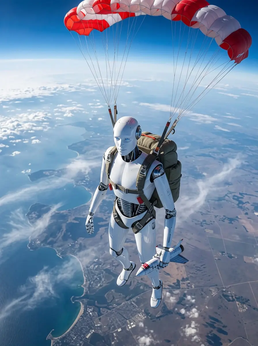 A cartoon of a robot under a parachute.